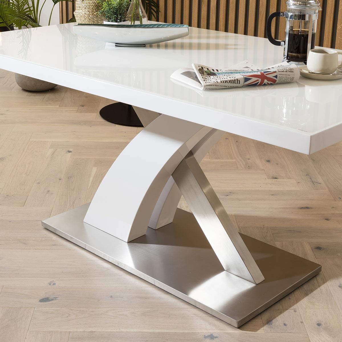 Modern Dining Table White glass Top / White Gloss X Base 1600 x 900mm