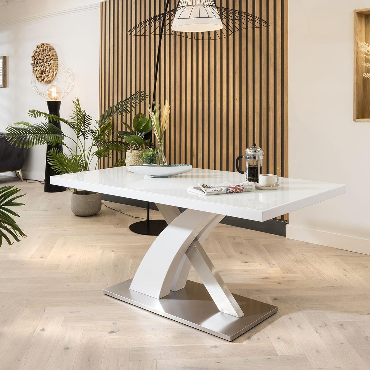 Modern Dining Table White glass Top / White Gloss X Base 1600 x 900mm