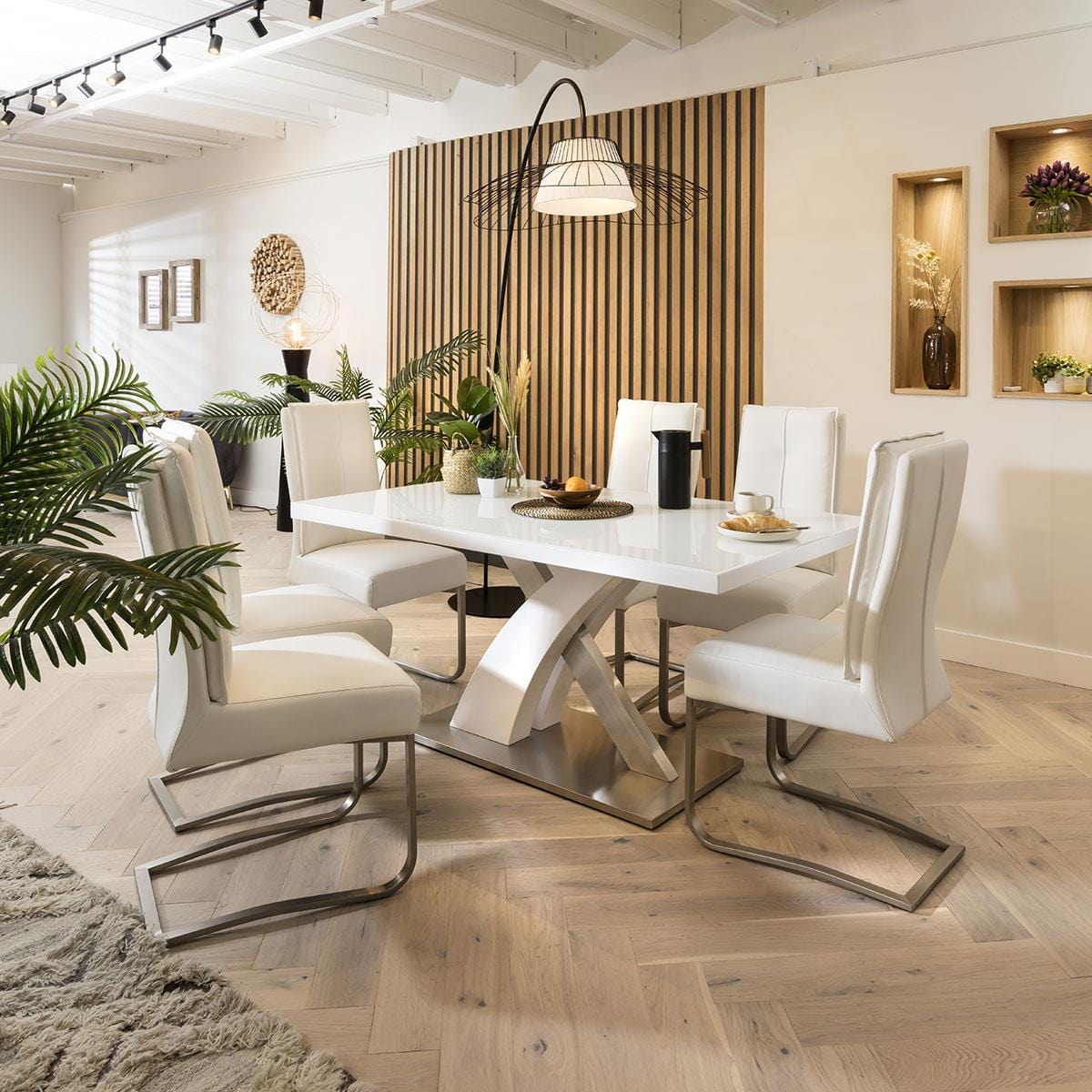 Modern Dining Table White glass Top / White Gloss X Base 1600 x 900mm