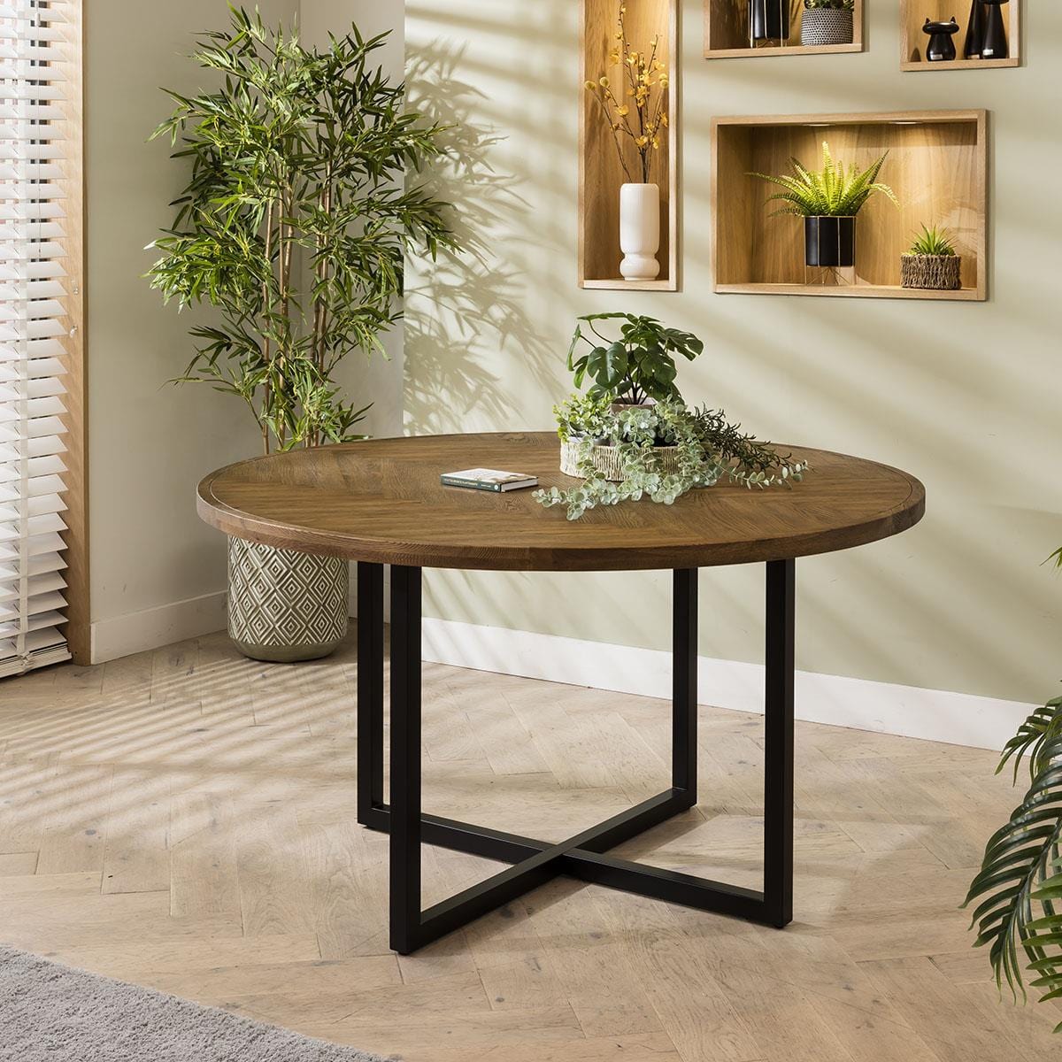 ExDisplay Gemini 6 Seat Solid Parquet Round Wooden Dining Table 140cm