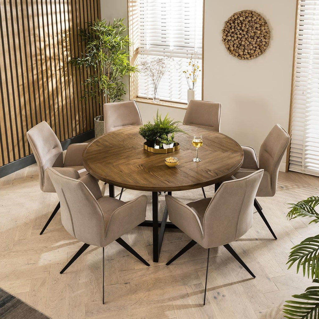 ExDisplay Gemini 6 Seat Solid Parquet Round Wooden Dining Table 140cm