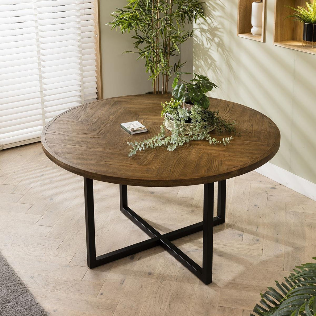 ExDisplay Gemini 6 Seat Solid Parquet Round Wooden Dining Table 140cm