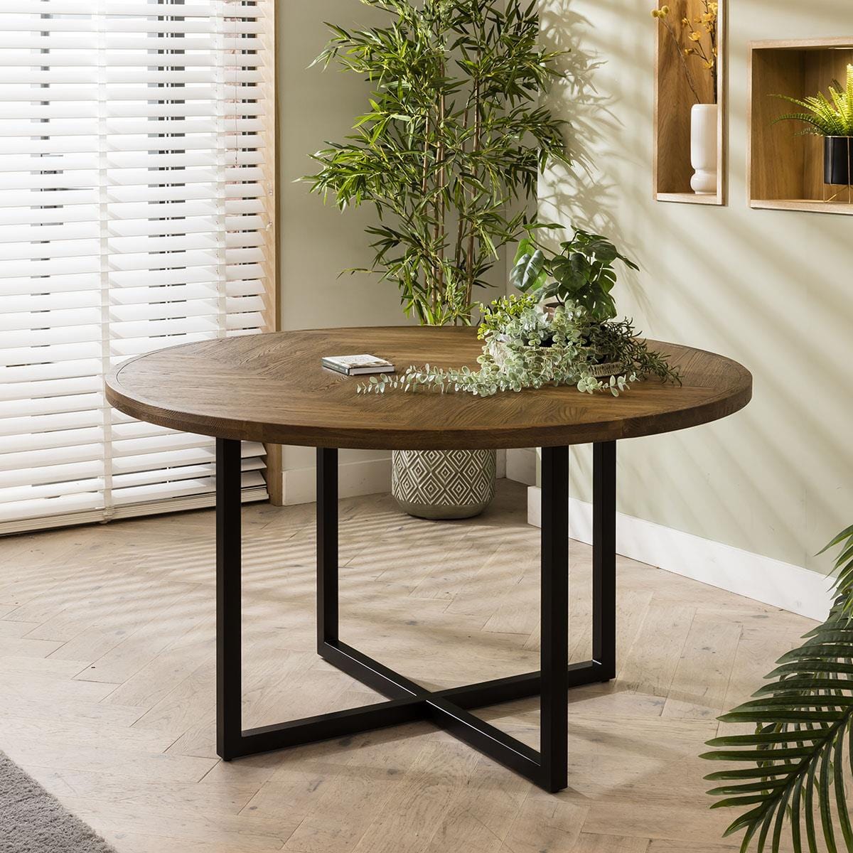 ExDisplay Gemini 6 Seat Solid Parquet Round Wooden Dining Table 140cm