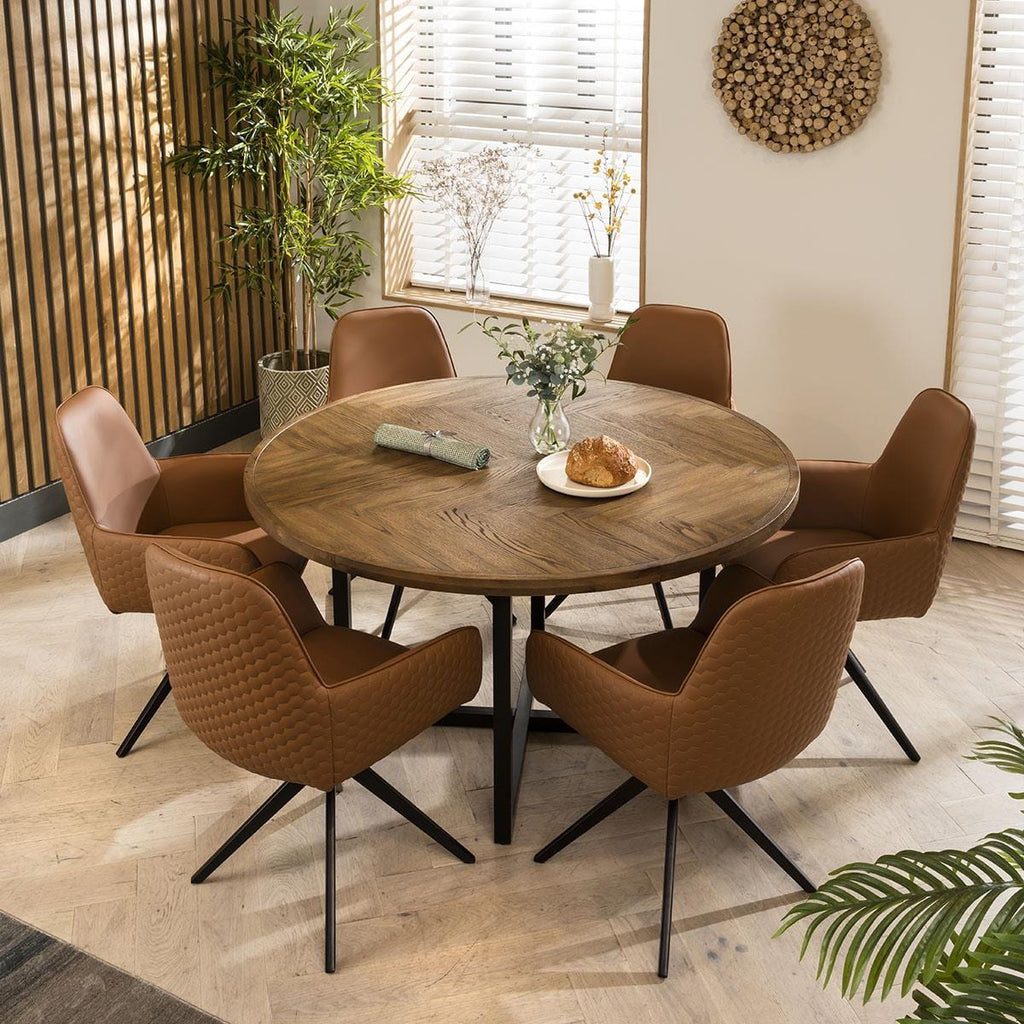 ExDisplay Gemini 6 Seat Solid Parquet Round Wooden Dining Table 140cm