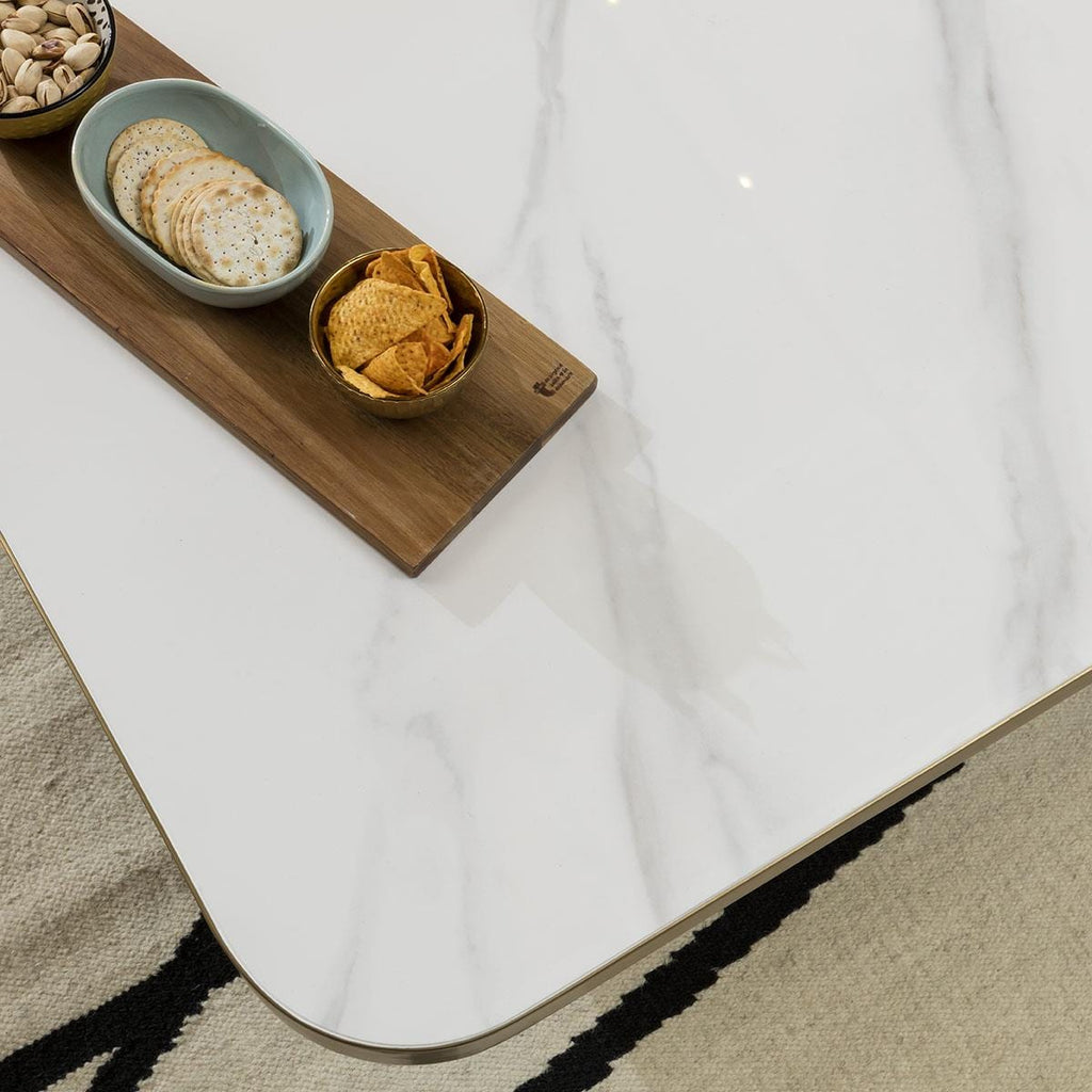 Premium Ceramic Marble Top Large Coffee Table with Metal Accent - White 120cm Square