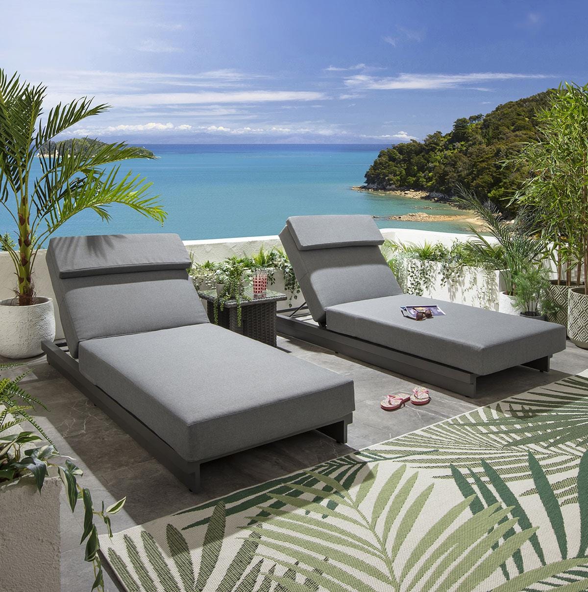 2 Marbella Garden Cushioned Sun Loungers Grey 200x78cm