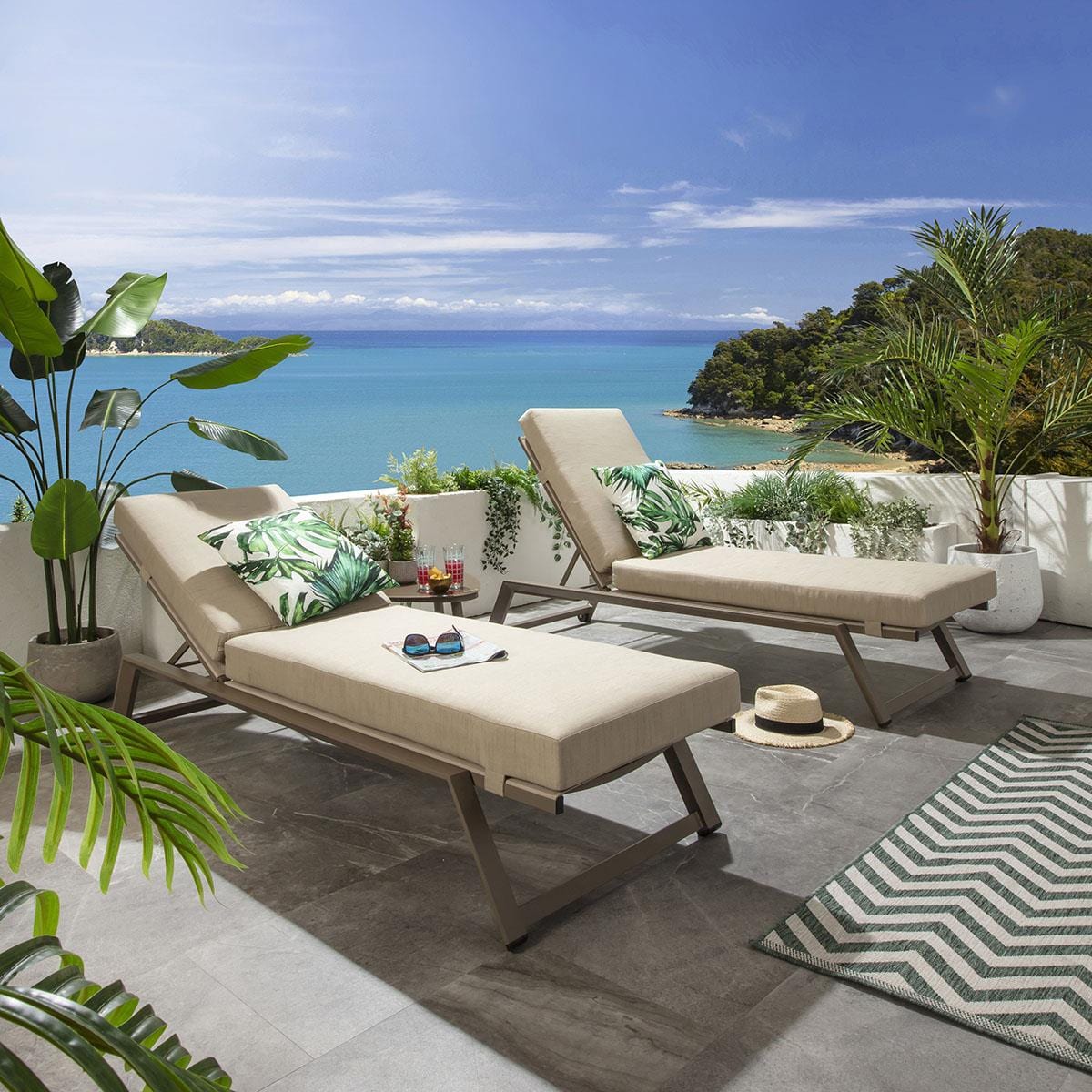 2 Cayman Garden Cushioned Sun Loungers Beige 196x70cm