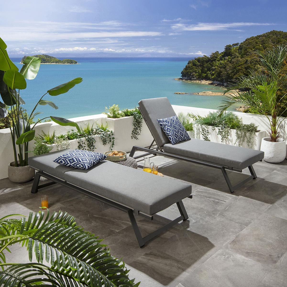2 Cayman Garden Cushioned Sun Loungers Grey 196x70cm