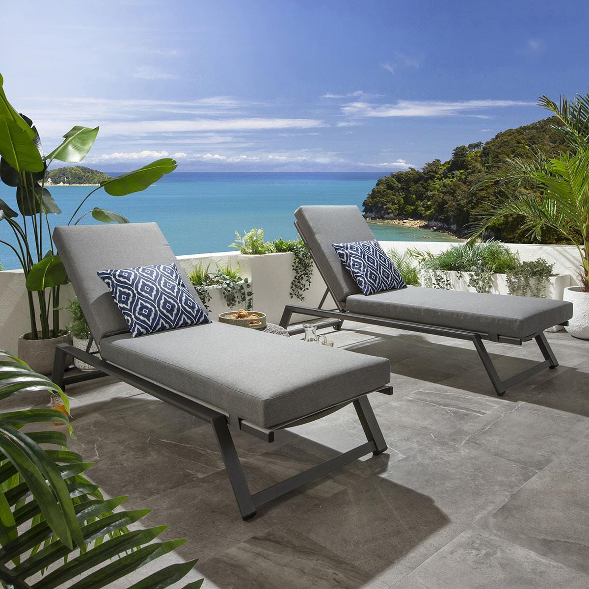 2 Cayman Garden Cushioned Sun Loungers Grey 196x70cm
