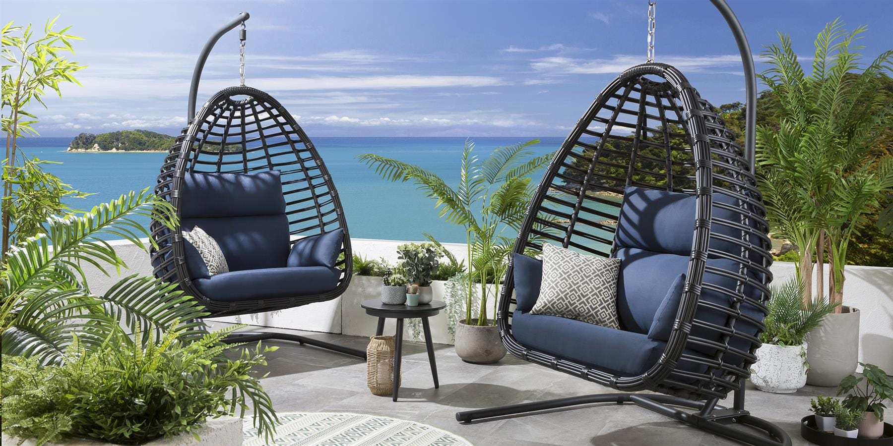 2 Bamboo Hanging Egg Chair Set - Blue