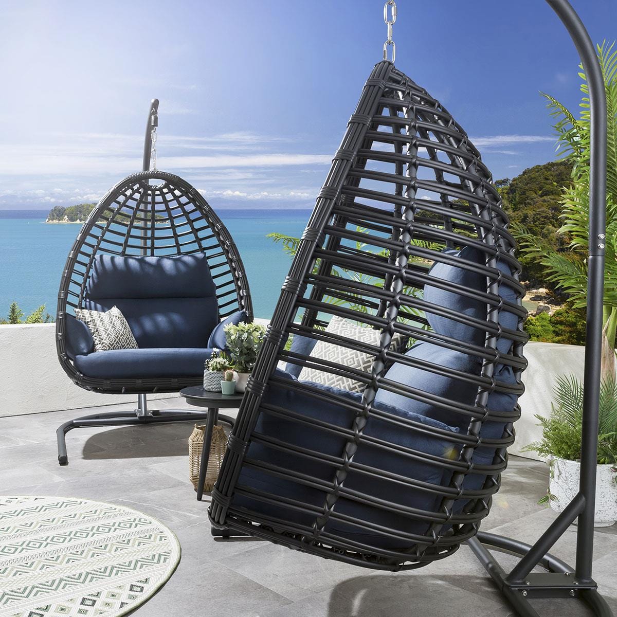 2 Bamboo Hanging Egg Chair Set - Blue