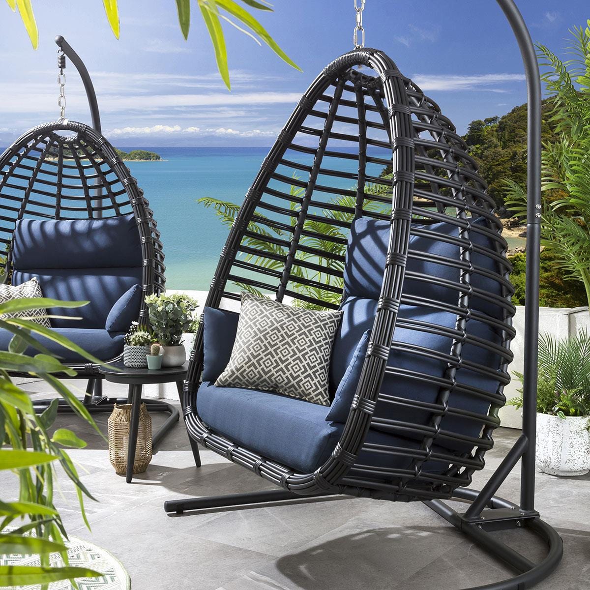 2 Bamboo Hanging Egg Chair Set - Blue
