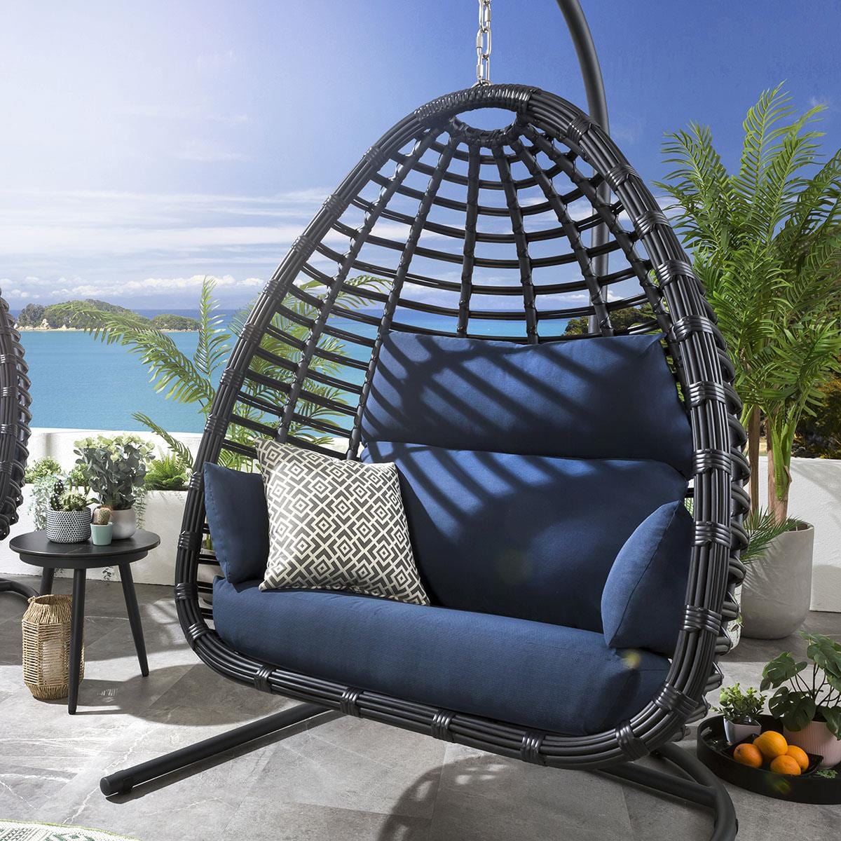 2 Bamboo Hanging Egg Chair Set - Blue