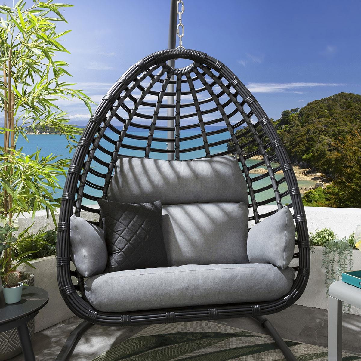 2 Bamboo Hanging Egg Chair Set - Grey