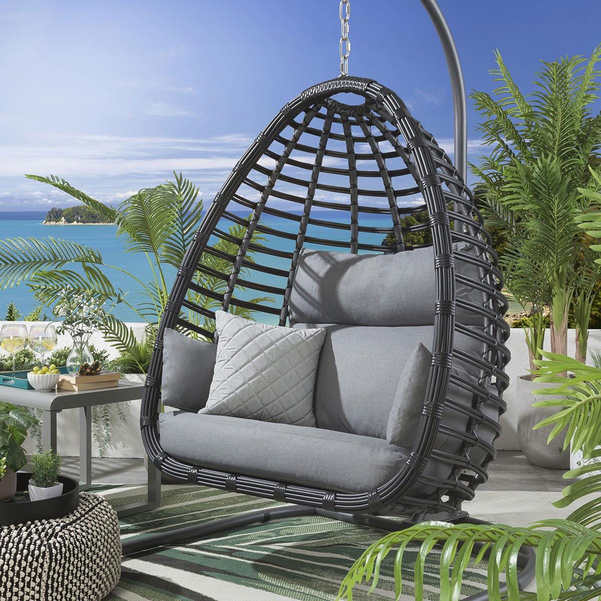 2 Bamboo Hanging Egg Chair Set - Grey