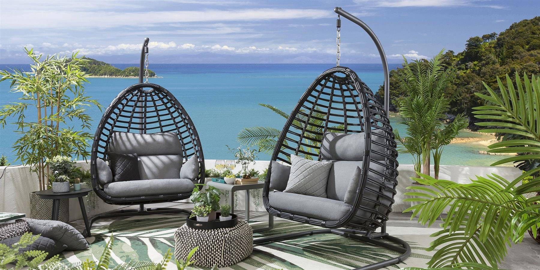 2 Bamboo Hanging Egg Chair Set - Grey