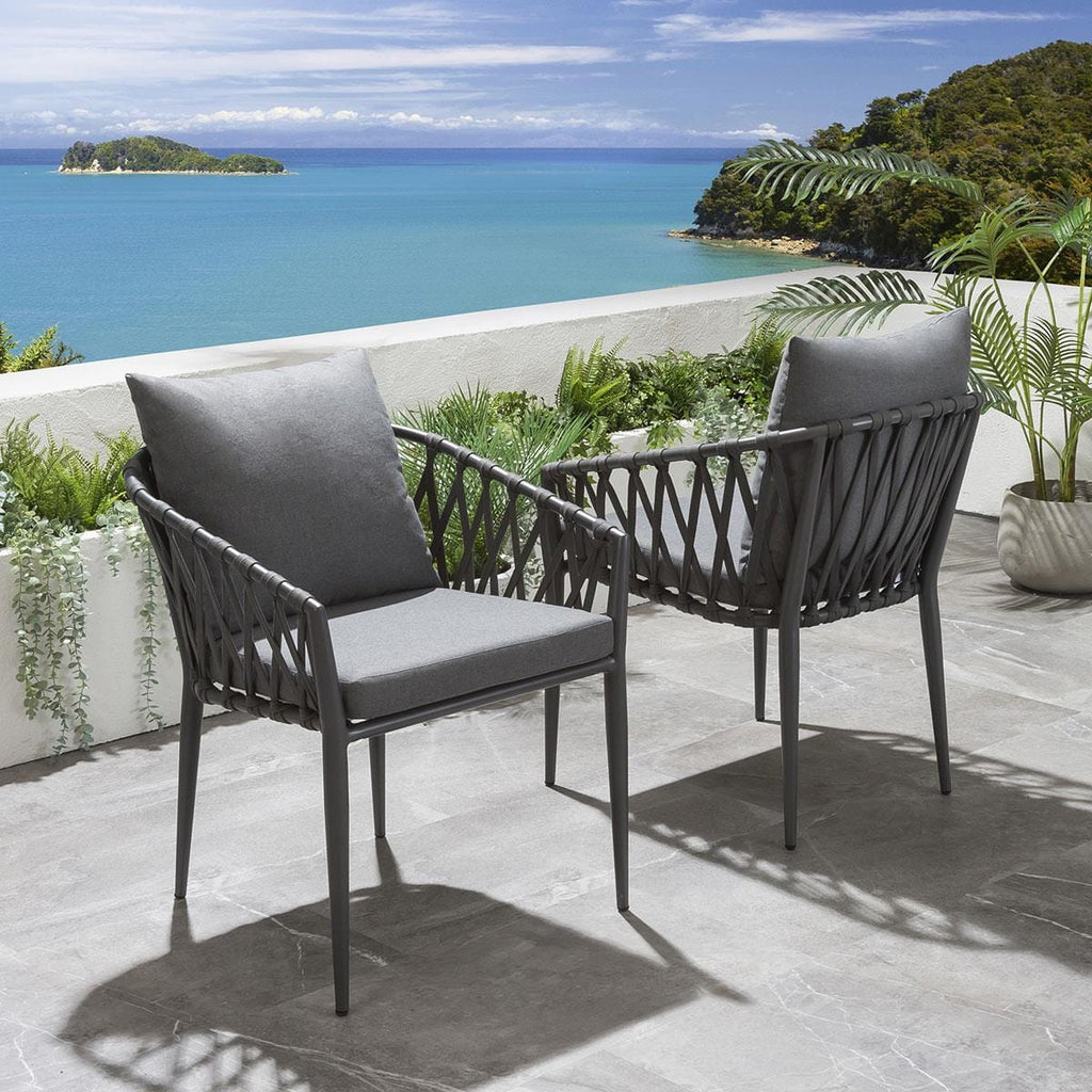 Set of 4 Modern Outdoor Garden Dining Chairs | Grey Aluminium & Rope