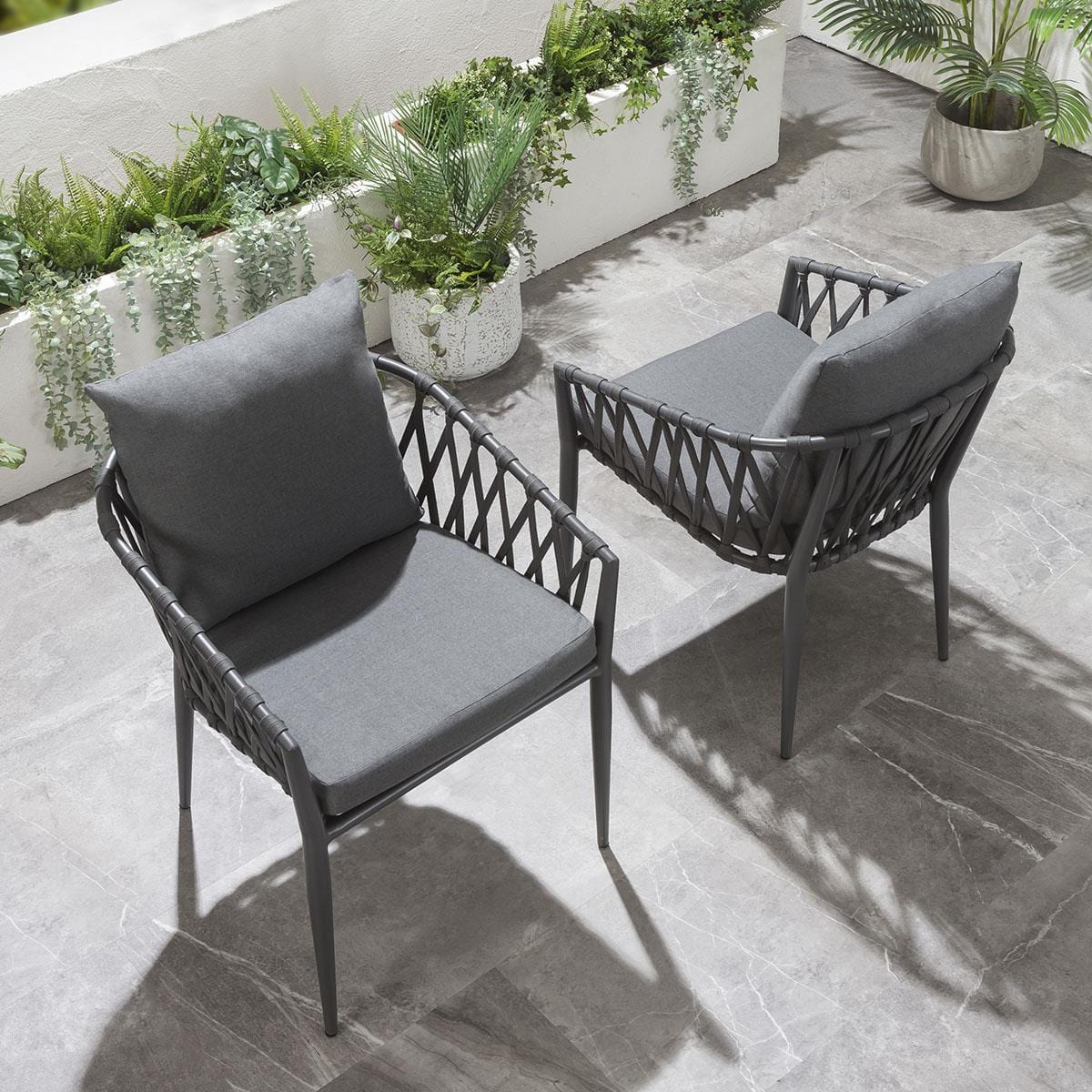 Set of 4 Modern Outdoor Garden Dining Chairs | Grey Aluminium & Rope