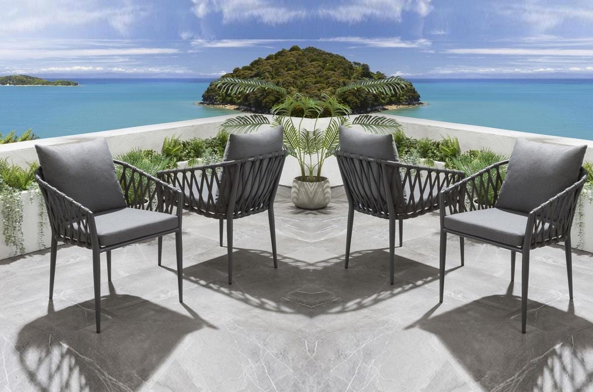 Set of 4 Modern Outdoor Garden Dining Chairs | Grey Aluminium & Rope