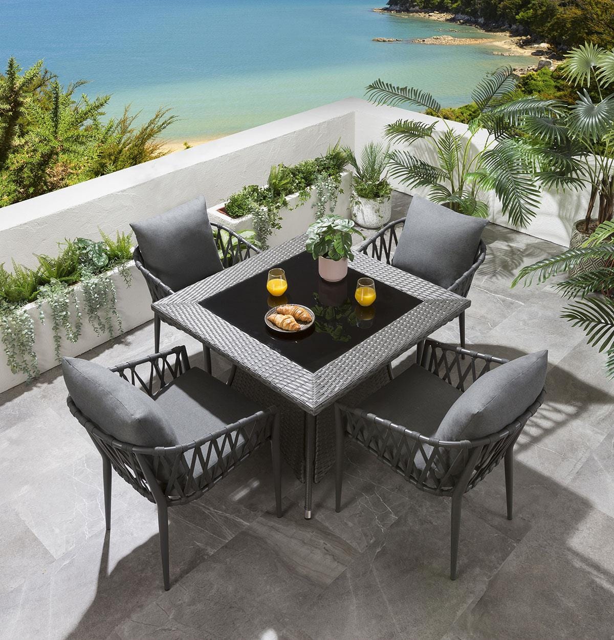 Set of 4 Modern Outdoor Garden Dining Chairs | Grey Aluminium & Rope