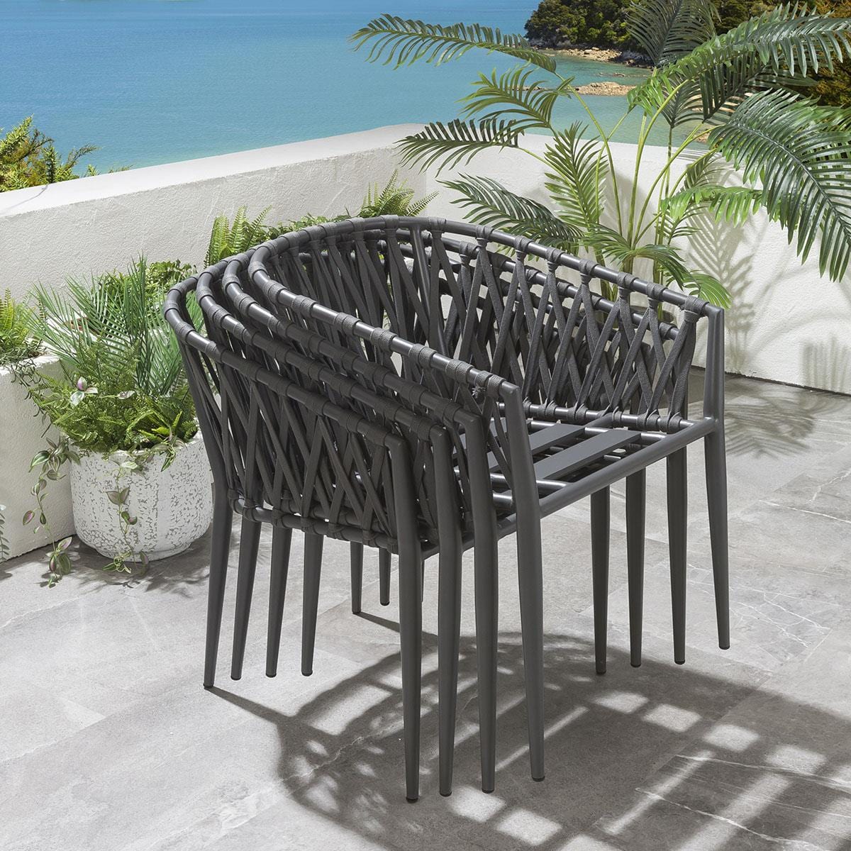 Set of 4 Modern Outdoor Garden Dining Chairs | Grey Aluminium & Rope