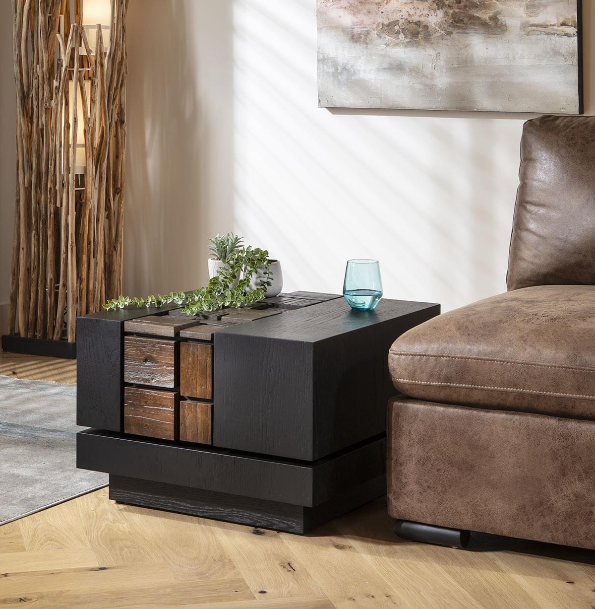 ExDisplay Dink Side Table Black Oak & Relcaimed Elm 60x60cm